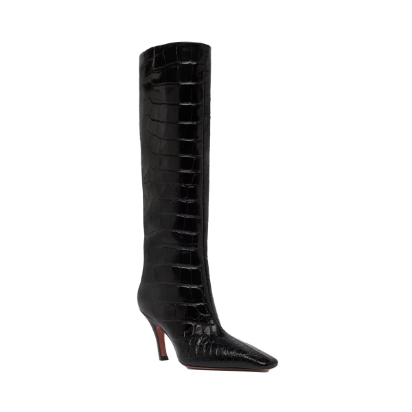 Amina Muaddi Mona Boot 80 in Black Printed Croc, view 2
