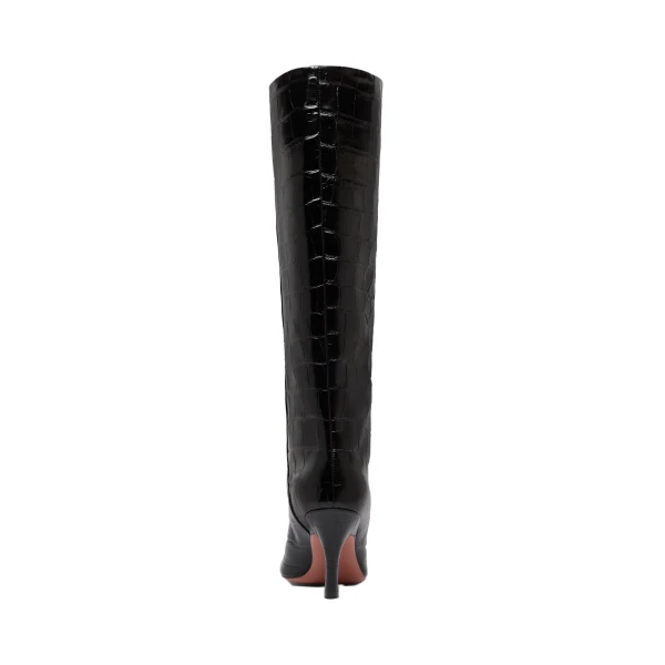 Amina Muaddi Mona Boot 80 in Black Printed Croc, view 3