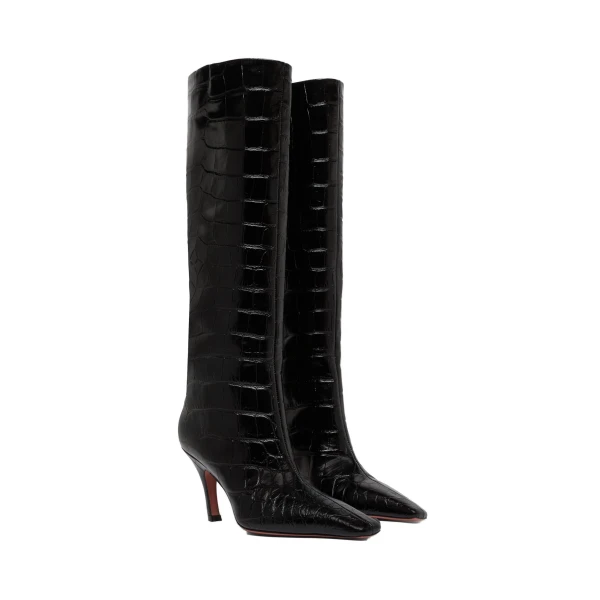 Amina Muaddi Mona Boot 80 in Black Printed Croc, view 4