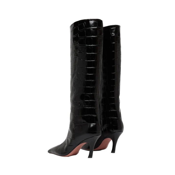 Amina Muaddi Mona Boot 80 in Black Printed Croc, view 5