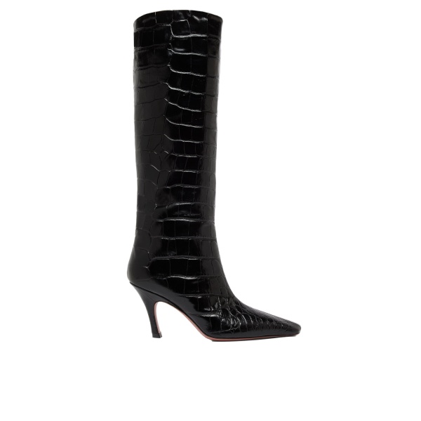 Amina Muaddi Mona Boot 80 in Black Printed Croc