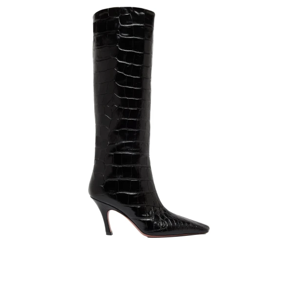 Amina Muaddi Mona Boot 80 in Black Printed Croc