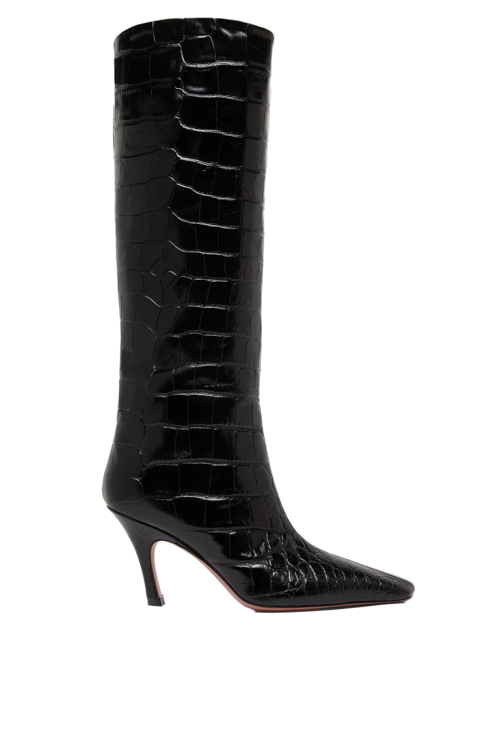 Amina Muaddi Mona Boot 80 in Black Printed Croc | Luxury Shoes Amina Muaddi Mona Boot 80 in Black Printed Croc