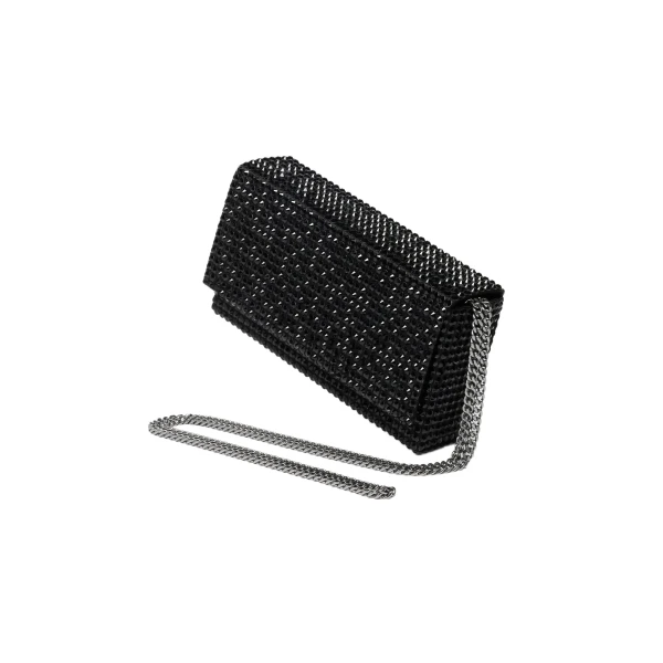 Amina Muaddi Paloma Clutch in Black Satin with Jet Crystals and Gun Metal Hardware, view 2