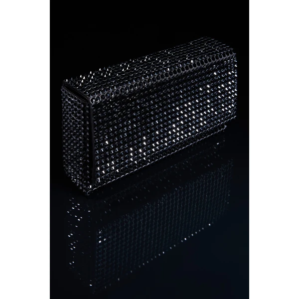 Amina Muaddi Paloma Clutch in Black Satin with Jet Crystals and Gun Metal Hardware, view 3