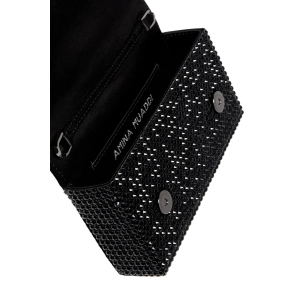 Amina Muaddi Paloma Clutch in Black Satin with Jet Crystals and Gun Metal Hardware, view 4
