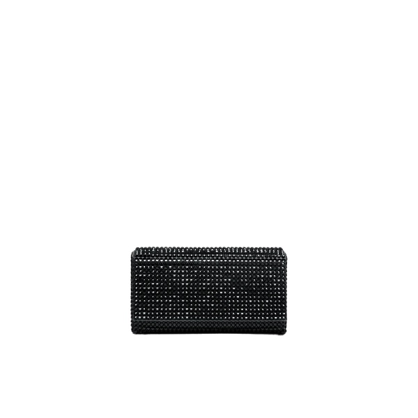 Amina Muaddi Paloma Clutch in Black Satin with Jet Crystals and Gun Metal Hardware