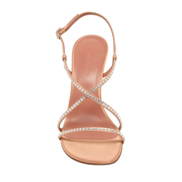 Amina Muaddi Sally Sandal 95 in Latte Satin and White Crystals, view 2
