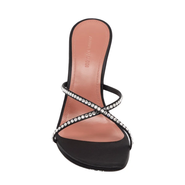 Amina Muaddi Sally Slipper 95 in Black Satin and White Crystals, view 2