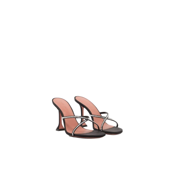 Amina Muaddi Sally Slipper 95 in Black Satin and White Crystals, view 4