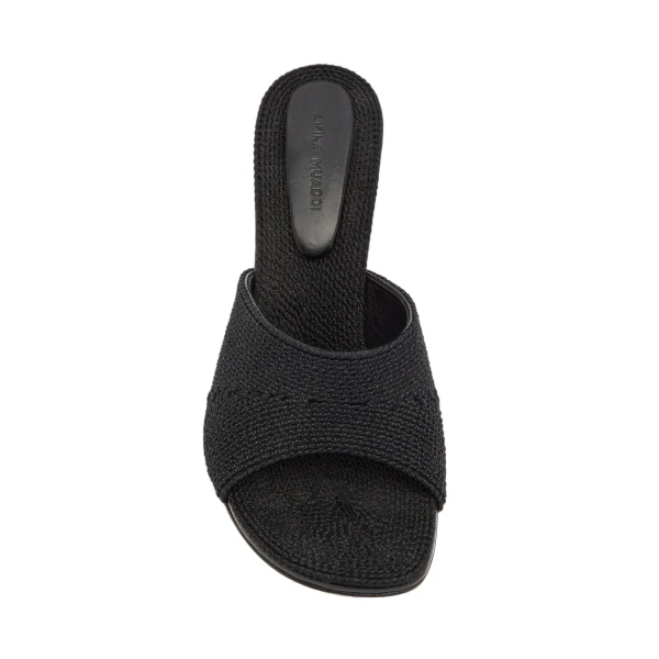Amina Muaddi Taylor Woven Slipper 90 in Black Woven Raffia and Gold Metal Heel, view 2