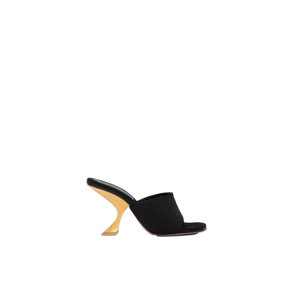 Amina Muaddi Taylor Woven Slipper 90 in Black Woven Raffia and Gold Metal Heel
