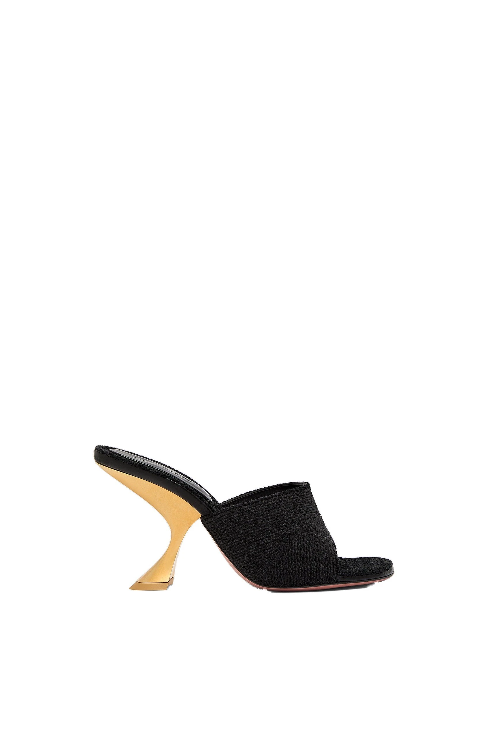 Amina Muaddi Taylor Slipper 90 in Black Woven Raffia Amina Muaddi Taylor Woven Slipper 90 in Black Woven Raffia and Gold Metal Heel