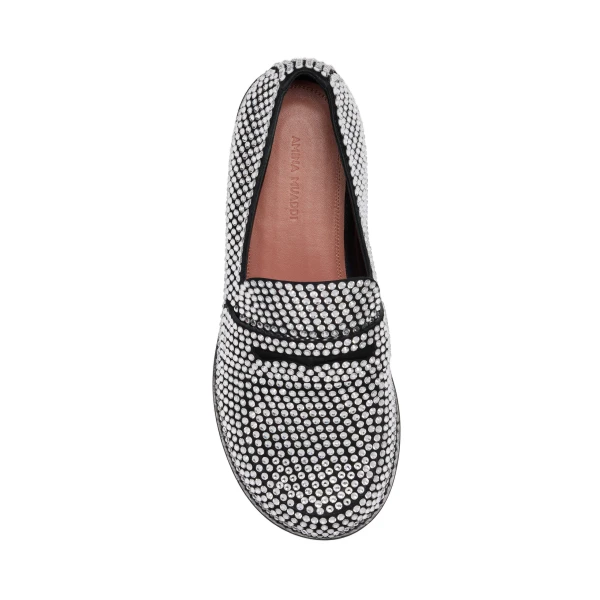 Amina Muaddi Tilda Crystal Loafer in Black Suede and White Crystals, view 2