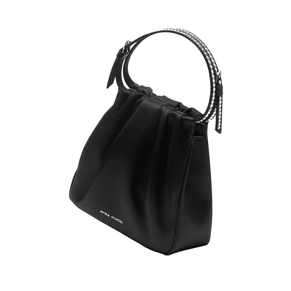 Amina Muaddi Vittoria Crystal Bag in Black Satin and White Crystals, view 3
