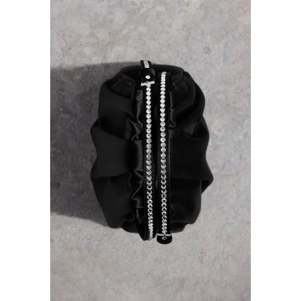Amina Muaddi Vittoria Crystal Bag in Black Satin and White Crystals, view 4