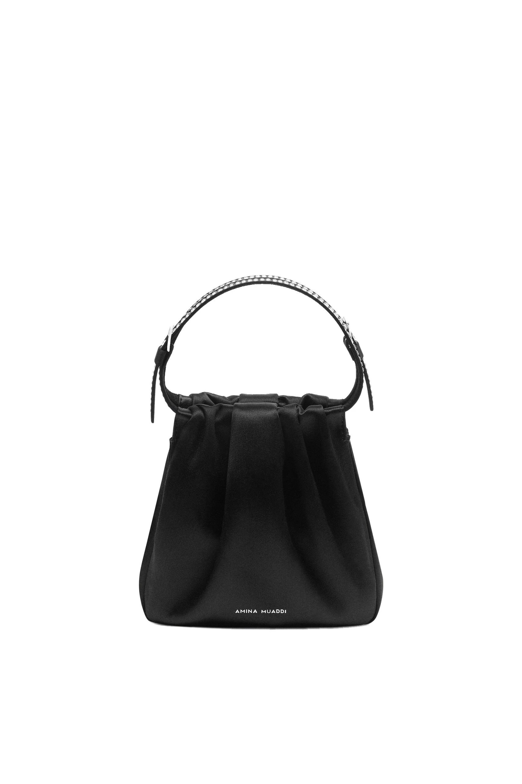 Amina Muaddi Vittoria Bag in Black Satin | Luxury Shoes Amina Muaddi Vittoria Crystal Bag in Black Satin and White Crystals