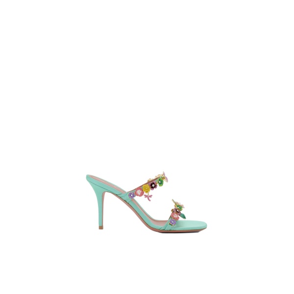Amina Muaddi Vittoria Slipper 90 in Mint Satin and Multicolour Enamel Flowers