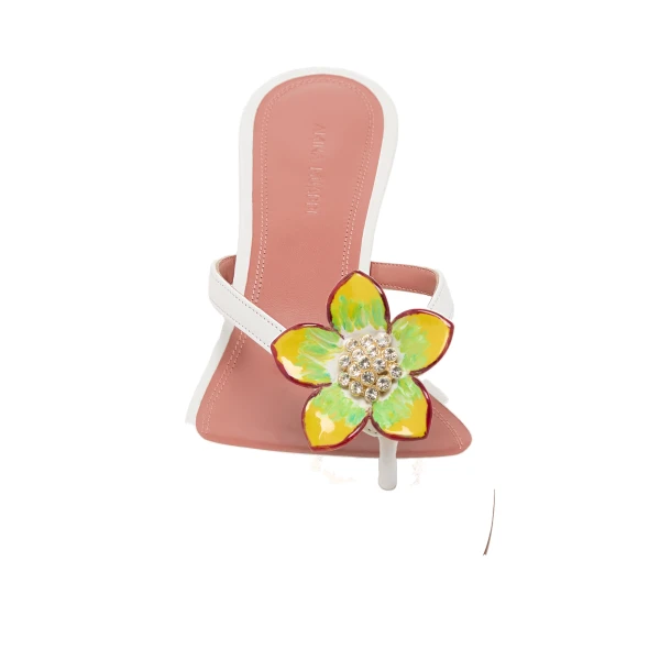 Amina Muaddi Vittoria Thong Slipper 45 in White Nappa and Enamel Flower, view 2