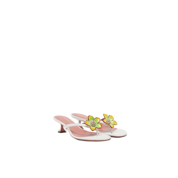 Amina Muaddi Vittoria Thong Slipper 45 in White Nappa and Enamel Flower, view 4
