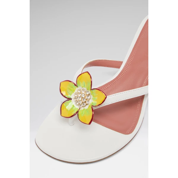 Amina Muaddi Vittoria Thong Slipper 45 in White Nappa and Enamel Flower, view 6