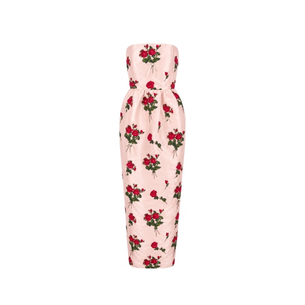 Bernadette Dress Lena Embroidered in Red Bouquet Embroidery on Pink | Dresses | Luxury Shoes 