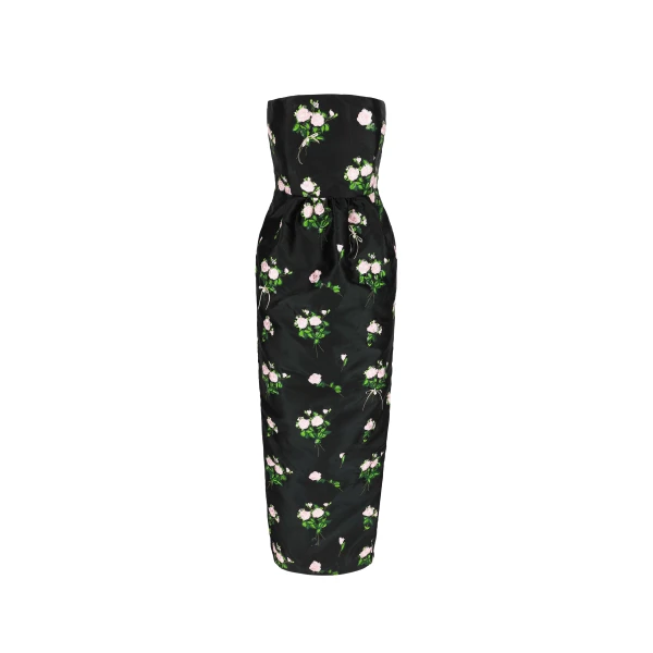 Dress Lena Embroidered in Soft Pink Bouquet Embroidery on Black