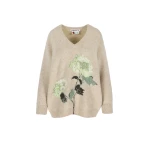 Bernadette Kane Sweater in Mint Hydrangea Intarsia on Camel | Knitwear | Luxury Shoes 