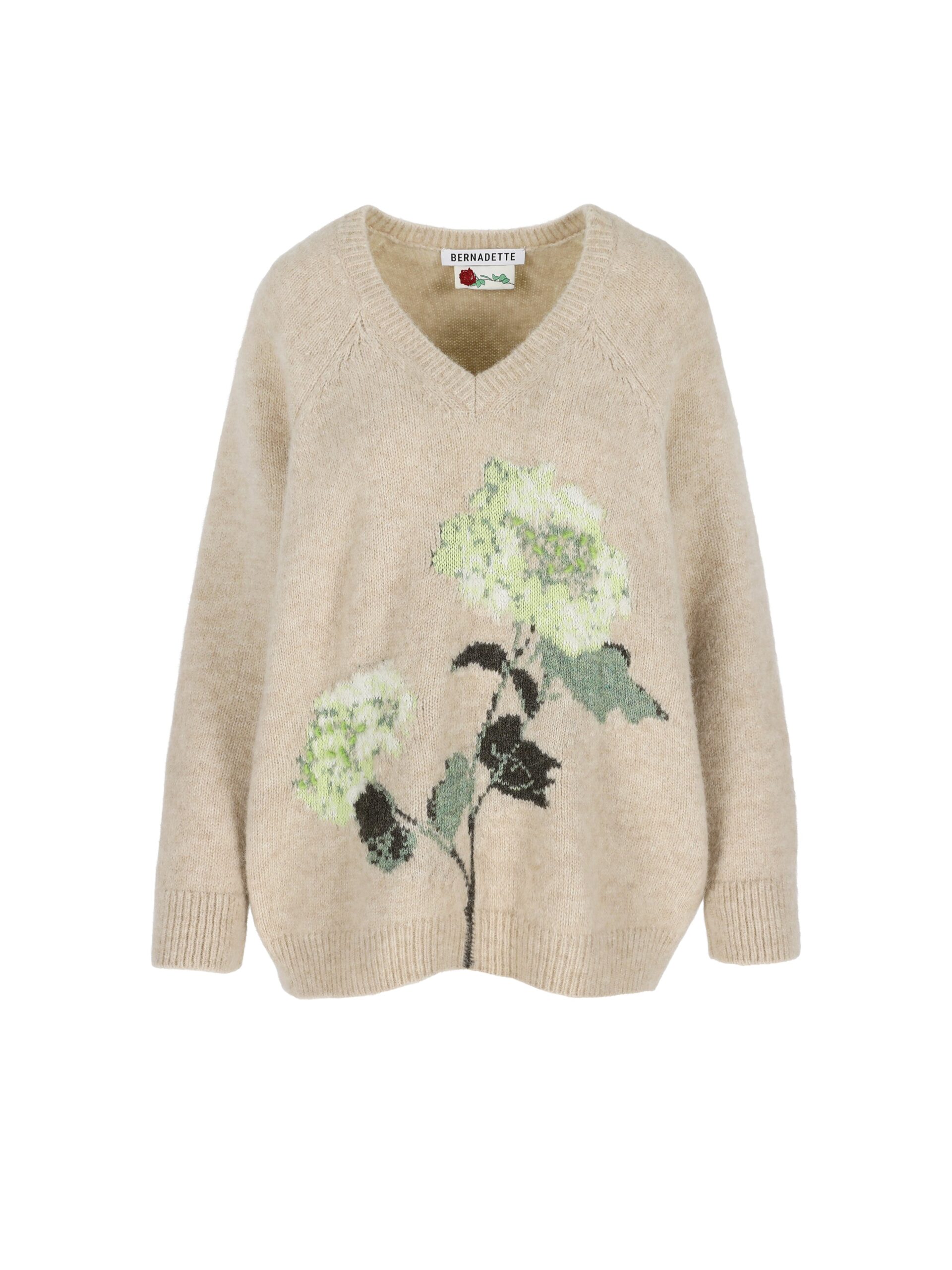 Bernadette Kane Sweater in Mint Hydrangea Intarsia on Camel | Knitwear | Luxury Shoes Bernadette Kane Sweater in Mint Hydrangea Intarsia on Camel | Knitwear | Luxury Shoes