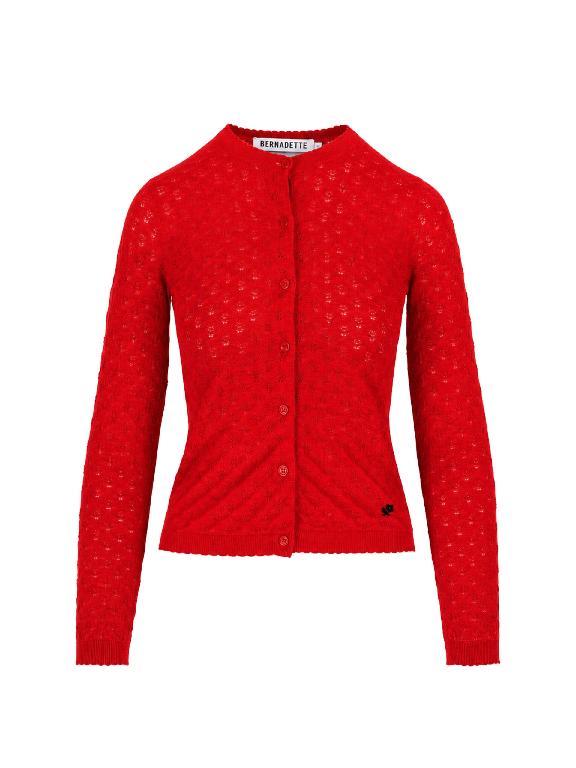 Bernadette Kira Cardigan in Ruby Red Pointelle | Knitwear | Luxury Shoes Bernadette Kira Cardigan in Ruby Red Pointelle | Knitwear | Luxury Shoes