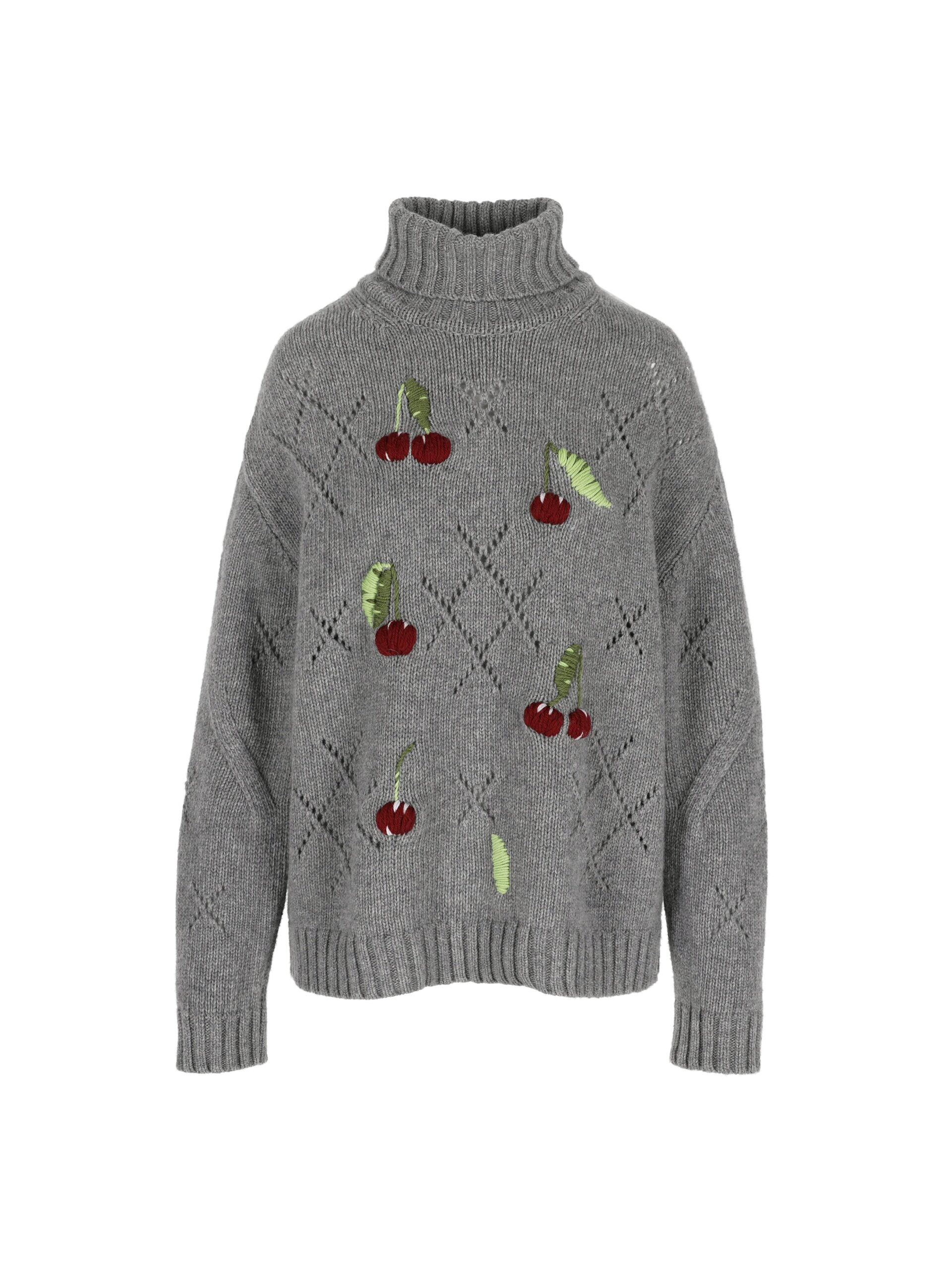 Bernadette Pull Sharon in Red Cherries Embroidered on Grey Melange Bernadette knit