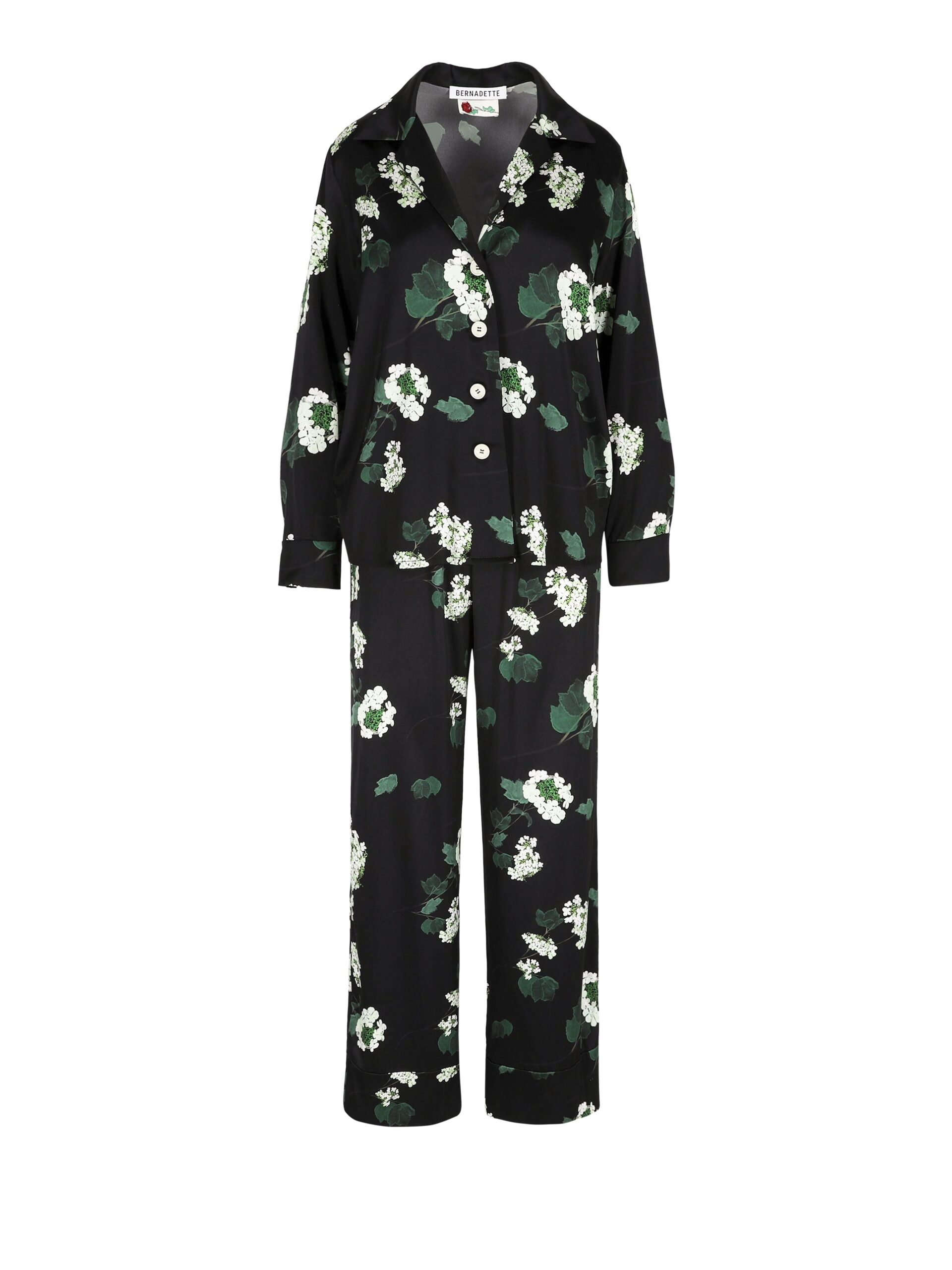 Bernadette Pyjama Louis Silk Satin in Hydrangea Green on Black Bernadette set
