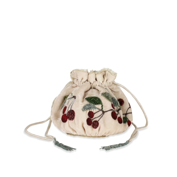 Round Bag Embroidered in Multi Cherry Embroidery on Cream