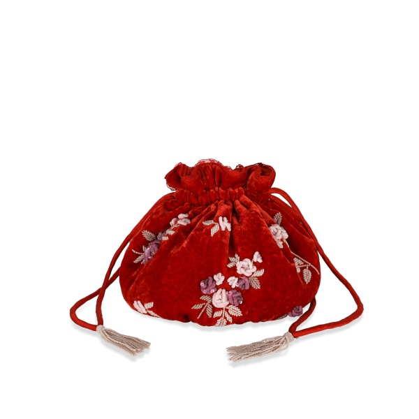 Bernadette Round Bag Embroidered in Pink and Rose Lingerie Rose Embroidery on Red | Bags | Luxury Shoes 