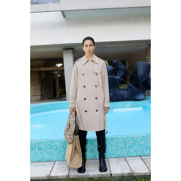 Camilla and Marc Evans Classic Knee Length Trench in Sand