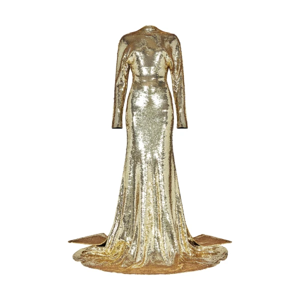Draped Open Back Long Sleeve Sequin Gown