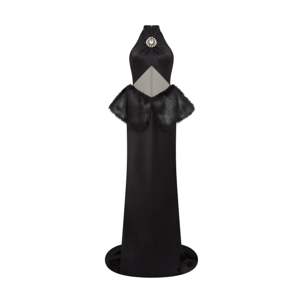 Faux Fur Peplum Trim Gown