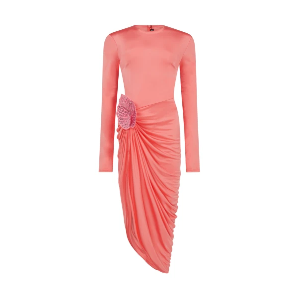 Rhinestone Leaf And Long Sleeves Midi Dress In Pink
