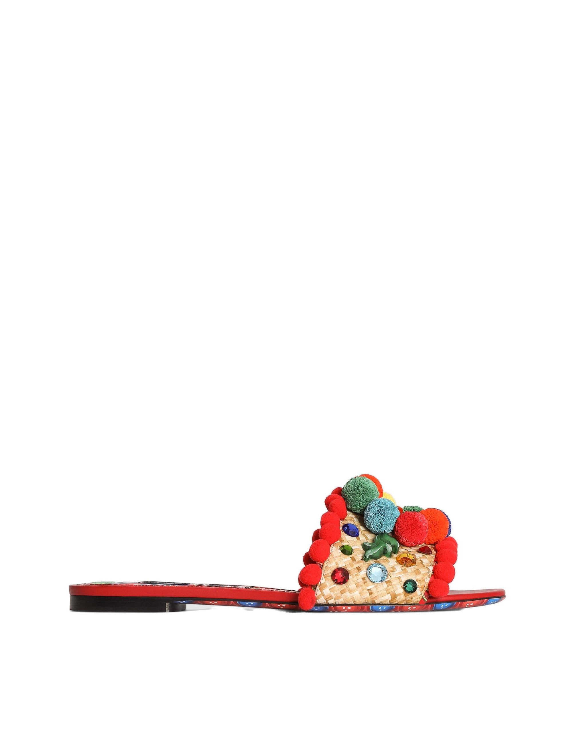 Dolce & Gabbana Raffia flat slides with embroidery in Multicolour | Buy Shoes at Luxury Shoes Dolce & Gabbana Raffia flat slides with embroidery