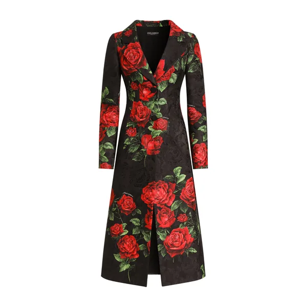 Rose-print brocade coat
