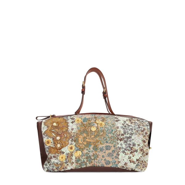 Embroidered East-West bag in Sky