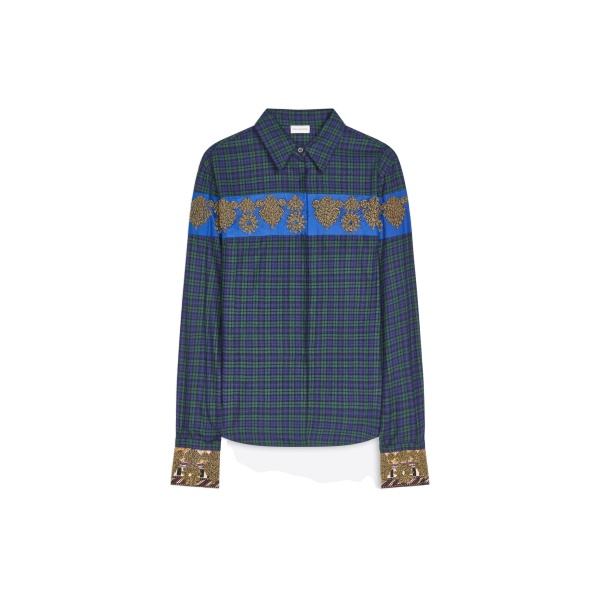 Dries Van Noten Embroidered cotton flannel shirt in Green | Tops | Luxury Shoes 