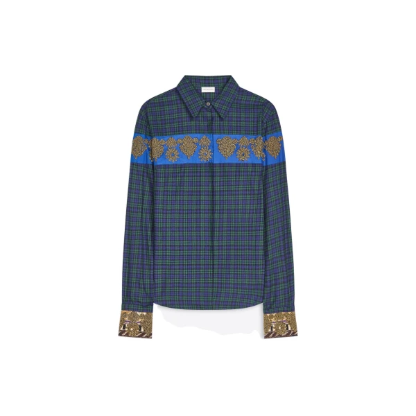 Dries Van Noten Embroidered cotton flannel shirt in Green | Tops | Luxury Shoes 