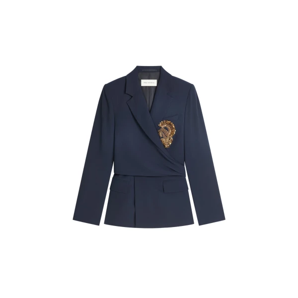 Embroidered crepe blazer in Navy