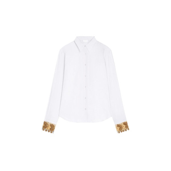 Dries Van Noten Embroidered cuff cotton poplin shirt in White | Tops | Luxury Shoes 