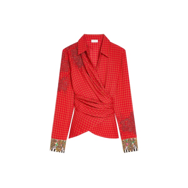 Dries Van Noten Embroidered wrap shirt in Red | Tops | Luxury Shoes 
