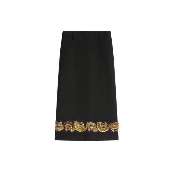 Long embroidered wool skirt in Black