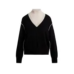 Black V-neck wool-blend sweater with off-white contrasting trims