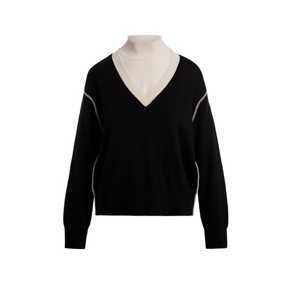 Black V-neck wool-blend sweater with off-white contrasting trims