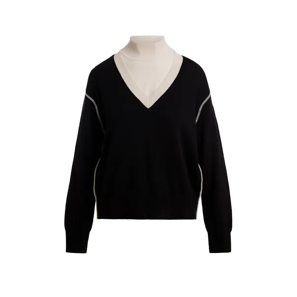 Black V-neck wool-blend sweater with off-white contrasting trims
